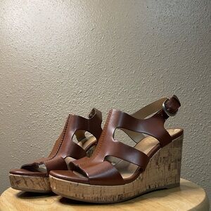FRANCO SARTO Brown Leather Wedge Open Toe Heel Sandals Women’s 7